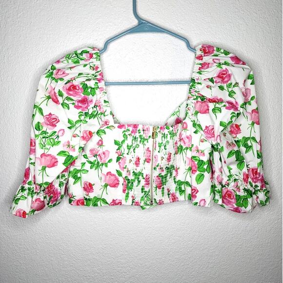 Hill House The Isabella Top in Pink Roses Puff Sleeve Poplin Floral Bow Crop Top - Picture 4 of 10